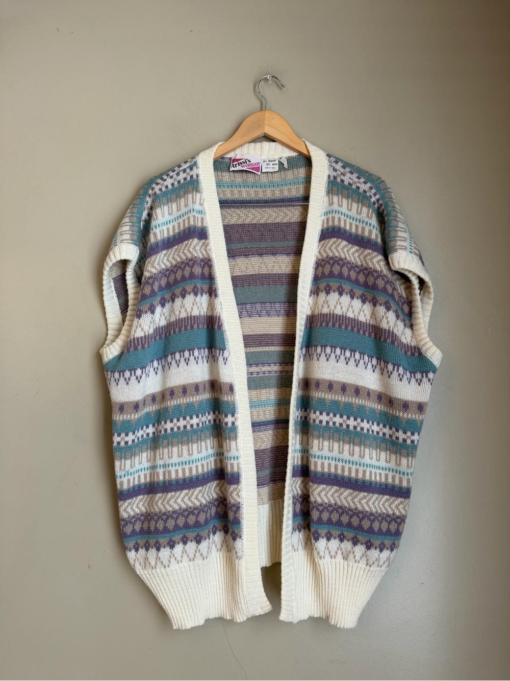 Vtg Trissi’s Women’s Fair Isle Wool Blend Open Front Sweater Vest Cardigan 1980s